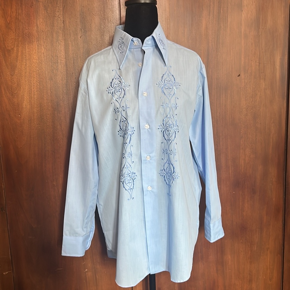 Vintage Light Blue Embroidered Dagger Collar Shirt M - Picture 2 of 7